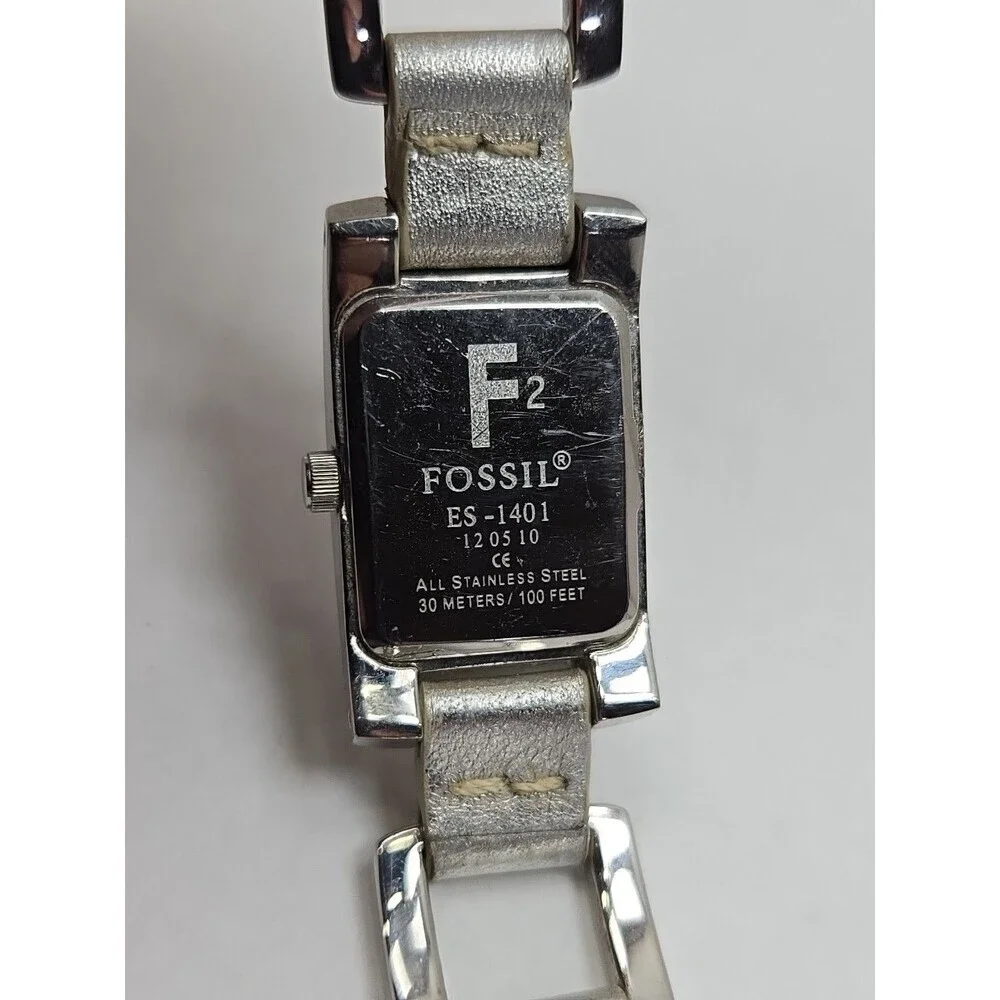 Fossil F2 ES1401 Womens Silver Link Leather Tank Watch New Battery Quartz Y2K